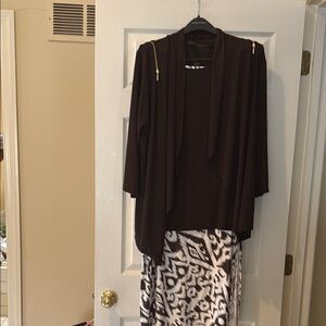 Brown and White Patterned Skirt with Brown Sleeveless Shell and Brown Jacket